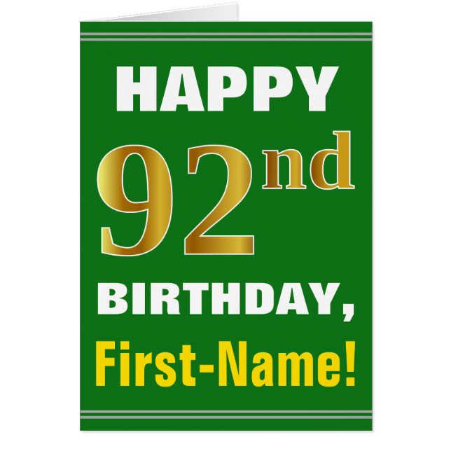 Bold, Green, Faux Gold 92nd Birthday w/ Name Card (Front)