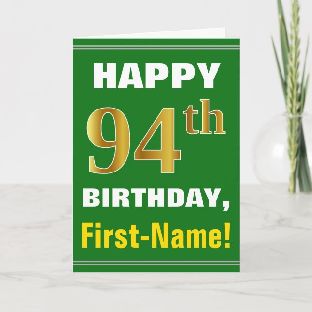 Bold, Green, Faux Gold 94th Birthday w/ Name Card (Front)
