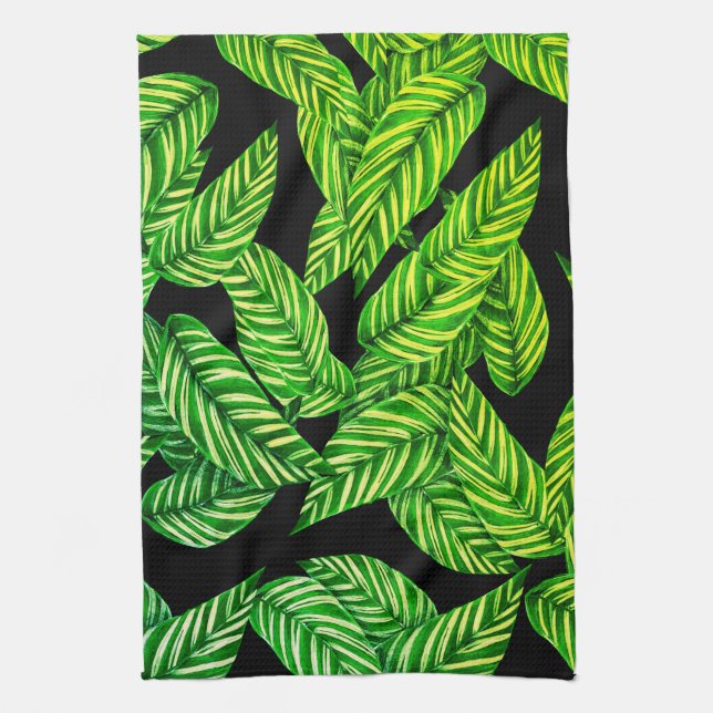 bold green leaves on black  tea towel (Vertical)