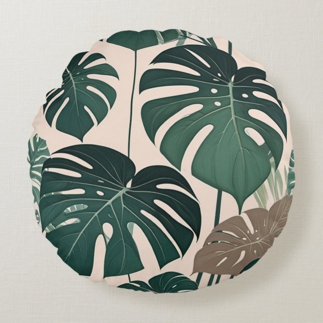 Bold Green Monstera Leaves Tropical Jungle  Round Cushion (Front)