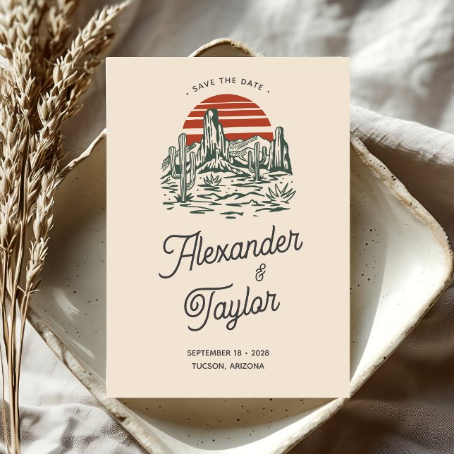 Bold Green Retro Saguaro Cactus Desert Wedding Save The Date (Creator Uploaded)