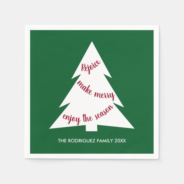 Bold Green White Christmas Tree Name Holiday Party Napkin (Front)