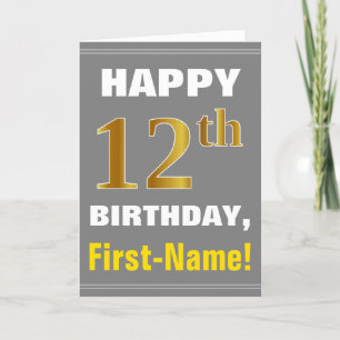 Bold, Grey, Faux Gold 12th Birthday w/ Name Card
