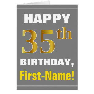 Bold, Grey, Faux Gold 35th Birthday w/ Name Card