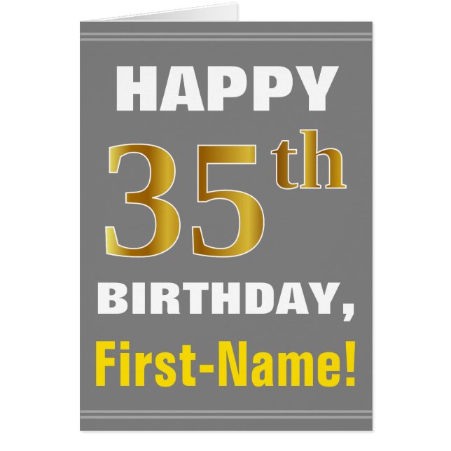 Bold, Grey, Faux Gold 35th Birthday w/ Name Card (Front)
