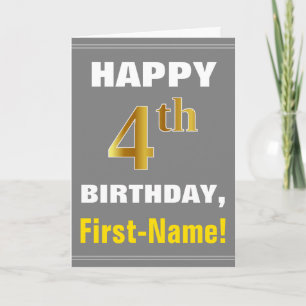 Bold, Grey, Faux Gold 4th Birthday w/ Name Card