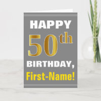 Bold, Grey, Faux Gold 50th Birthday w/ Name Card