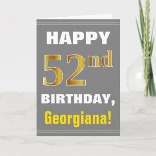 Bold, Grey, Faux Gold 52nd Birthday w/ Name Card
