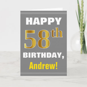 Bold, Grey, Faux Gold 58th Birthday w/ Name Card