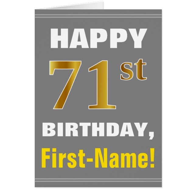 Bold, Grey, Faux Gold 71st Birthday w/ Name Card (Front)
