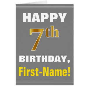 Bold, Grey, Faux Gold 7th Birthday w/ Name Card