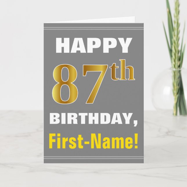 Bold, Grey, Faux Gold 87th Birthday w/ Name Card (Front)