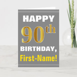 Bold, Grey, Faux Gold 90th Birthday w/ Name Card