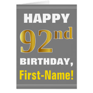 Bold, Grey, Faux Gold 92nd Birthday w/ Name Card