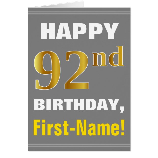 Bold, Grey, Faux Gold 92nd Birthday w/ Name Card (Front)