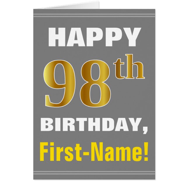 Bold, Grey, Faux Gold 98th Birthday w/ Name Card (Front)