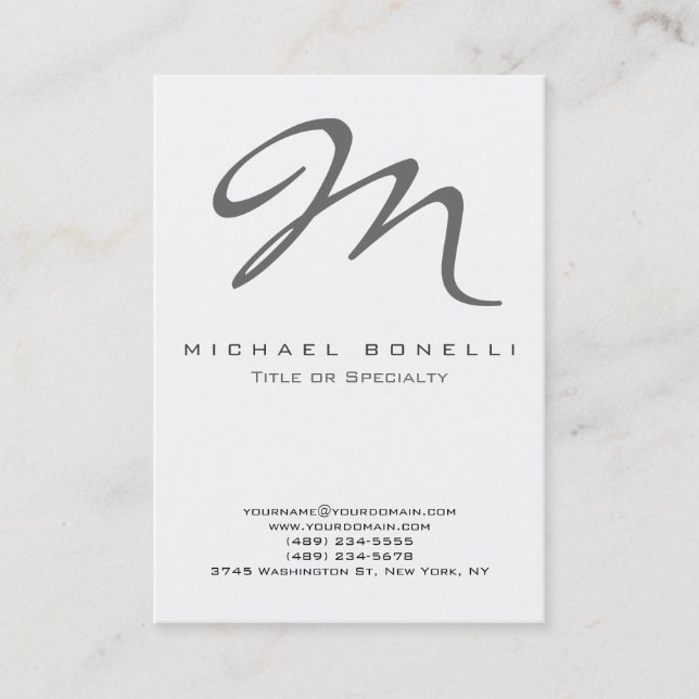 Bold Grey Monogram Calligraphy Business Card (Front)