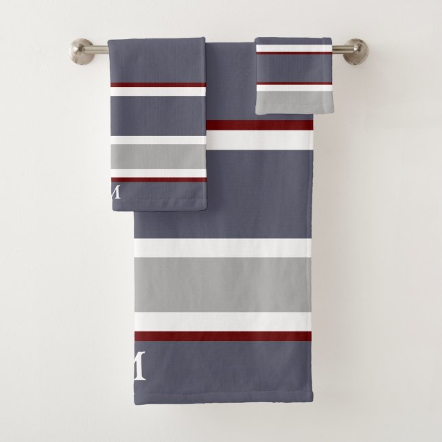 Bold Grey Red Stripe Monogram Bath Towel Set (Insitu)