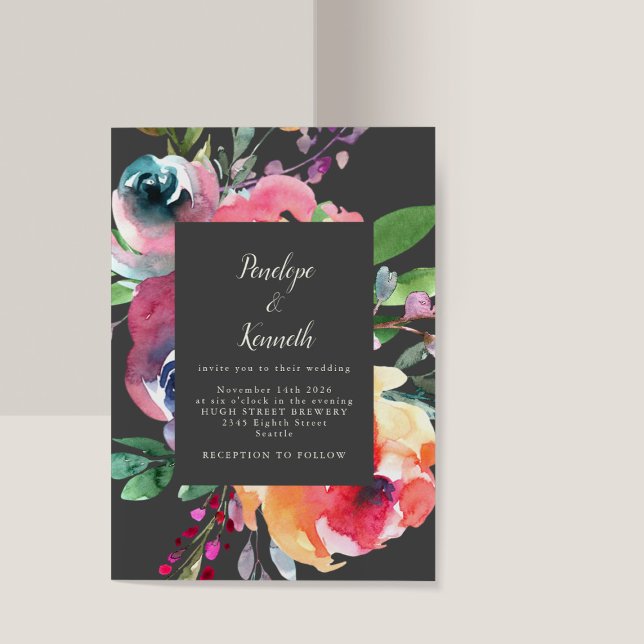 Bold Grey Watercolor Floral Elegant Script Wedding Invitation (Creator Uploaded)
