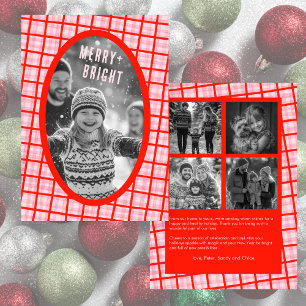 Bold Grid Pink Red Christmas Custom Photo Collage Holiday Card
