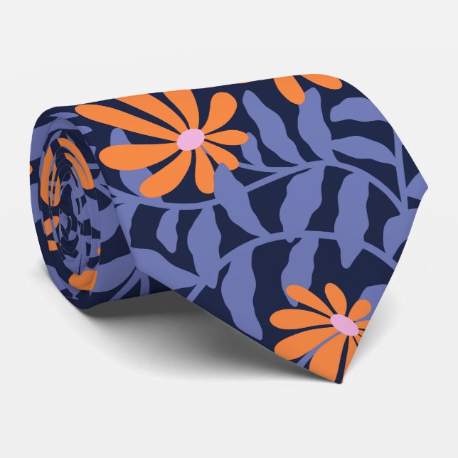 Bold groovy trailing flowers – blue orange tie (Rolled)