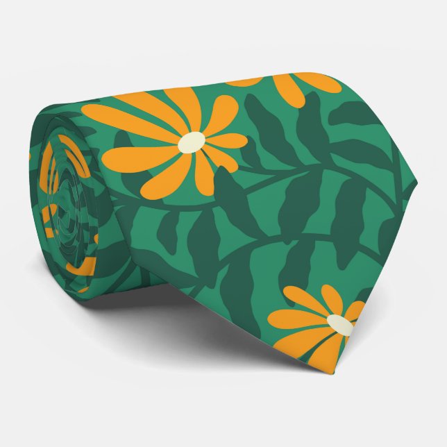 Bold groovy trailing flowers – green and orange tie (Rolled)