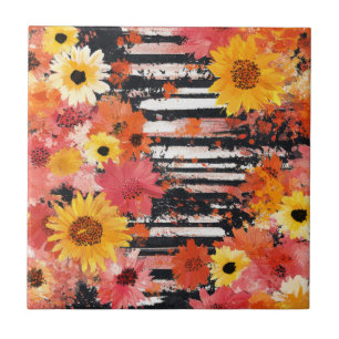 Bold Grunge Floral Black Orange Pink Pattern Ceramic Tile