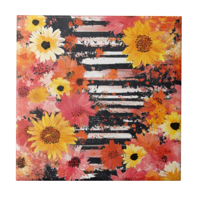 Bold Grunge Floral Black Orange Pink Pattern Ceramic Tile (Front)