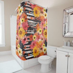 Bold Grunge Floral Black Orange Pink Pattern Shower Curtain