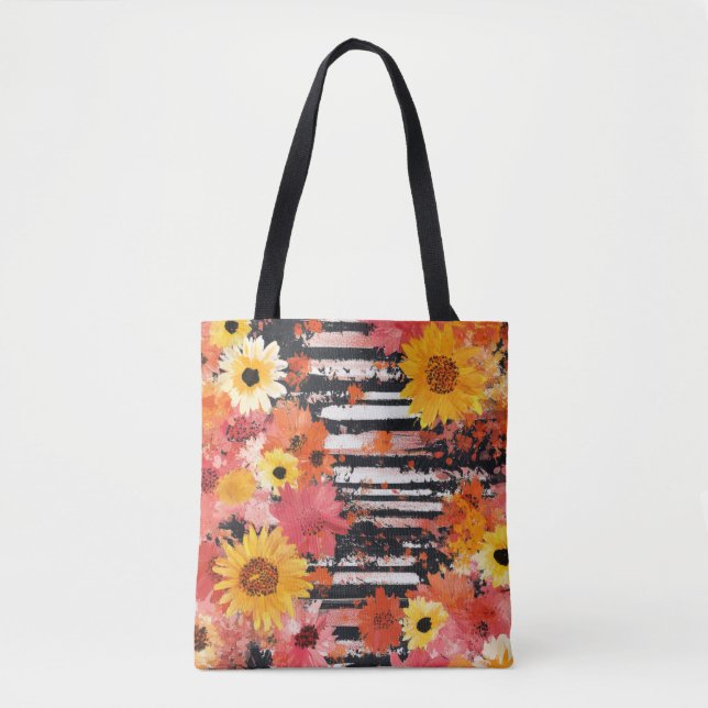 Bold Grunge Floral Black Orange Pink Pattern Tote Bag (Front)