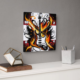 Bold guitar design with vivid colours square wall clock