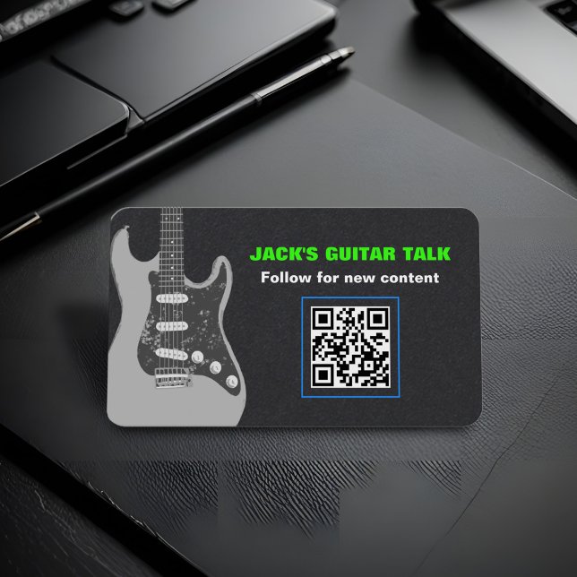 Bold Guitar Musician Modern Black Bright Green QR Business Card (Bold black guitar business card for musician's social media, guitarist video channel, EPK, online QR)
