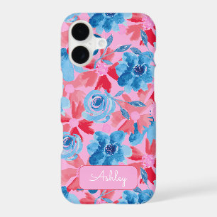 Bold Hand Painted Floral Red Blue Pink Monogram