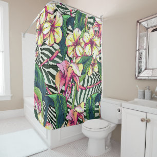 Bold HAWAIIAN Floral Monstera Leaves & Plumeria Shower Curtain
