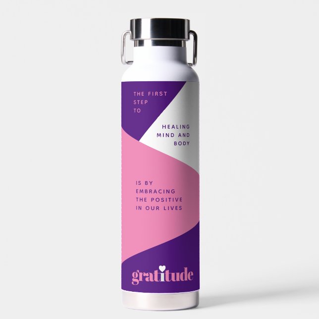 Bold Heart Purple Pink Gratitude Affirmations Water Bottle (Front)