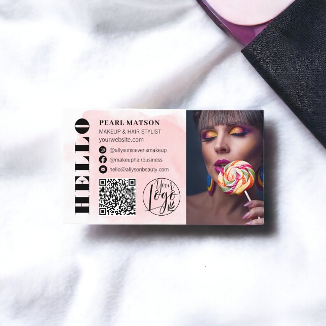 Bold hello brushstroke Qr photo logo social media  Business Card (Bold hello brushstroke Qr photo logo social media Business Card)