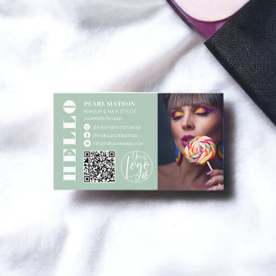 Bold hello green Qr photo logo social media  Business Card