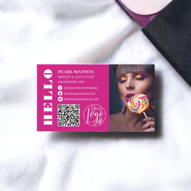 Bold hello neon pink Qr photo logo social media  Business Card (Bold hello neon pink Qr photo logo social media Business Card)