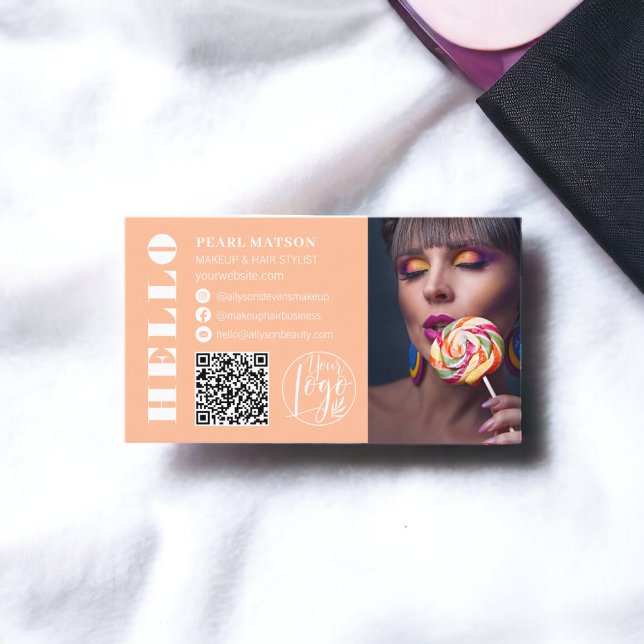 Bold hello peach Qr photo logo social media  Business Card (Bold hello peach Qr photo logo social media Business Card)