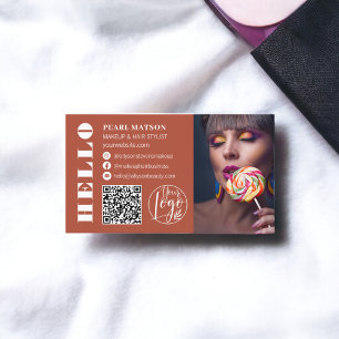 Bold hello terracotta Qr photo logo social media Business Card