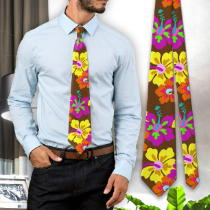 Bold Hibiscus Floral Pattern Brown Grooms Tie