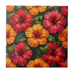 Bold Hibiscus Flowers Tropical Sunset Pattern Ceramic Tile