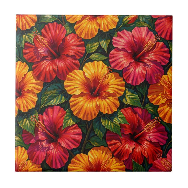 Bold Hibiscus Flowers Tropical Sunset Pattern Ceramic Tile (Front)