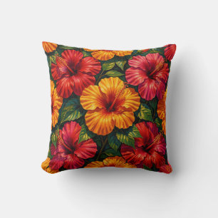 Bold Hibiscus Flowers Tropical Sunset Pattern Cushion
