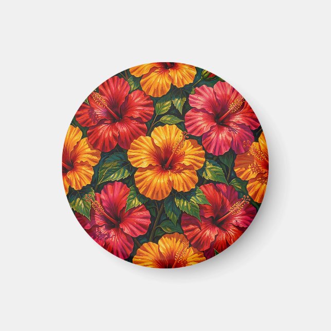 Bold Hibiscus Flowers Tropical Sunset Pattern Magnet (Front)