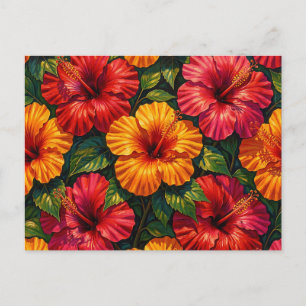 Bold Hibiscus Flowers Tropical Sunset Pattern Postcard