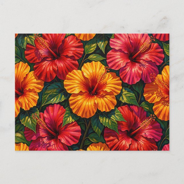 Bold Hibiscus Flowers Tropical Sunset Pattern Postcard (Front)