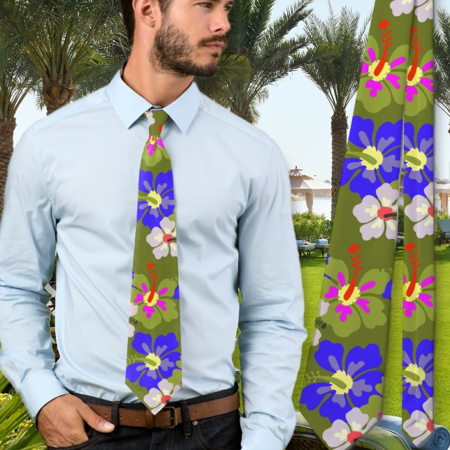 Bold Hibiscus Pattern Army Green Wedding Tie (Creator Uploaded)