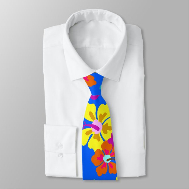 Bold Hibiscus Pattern Blue Wedding Tie (Tied)