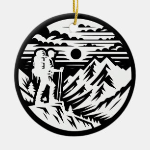 Bold Hiker Silhouette - Mountain Landscape Ceramic Ornament